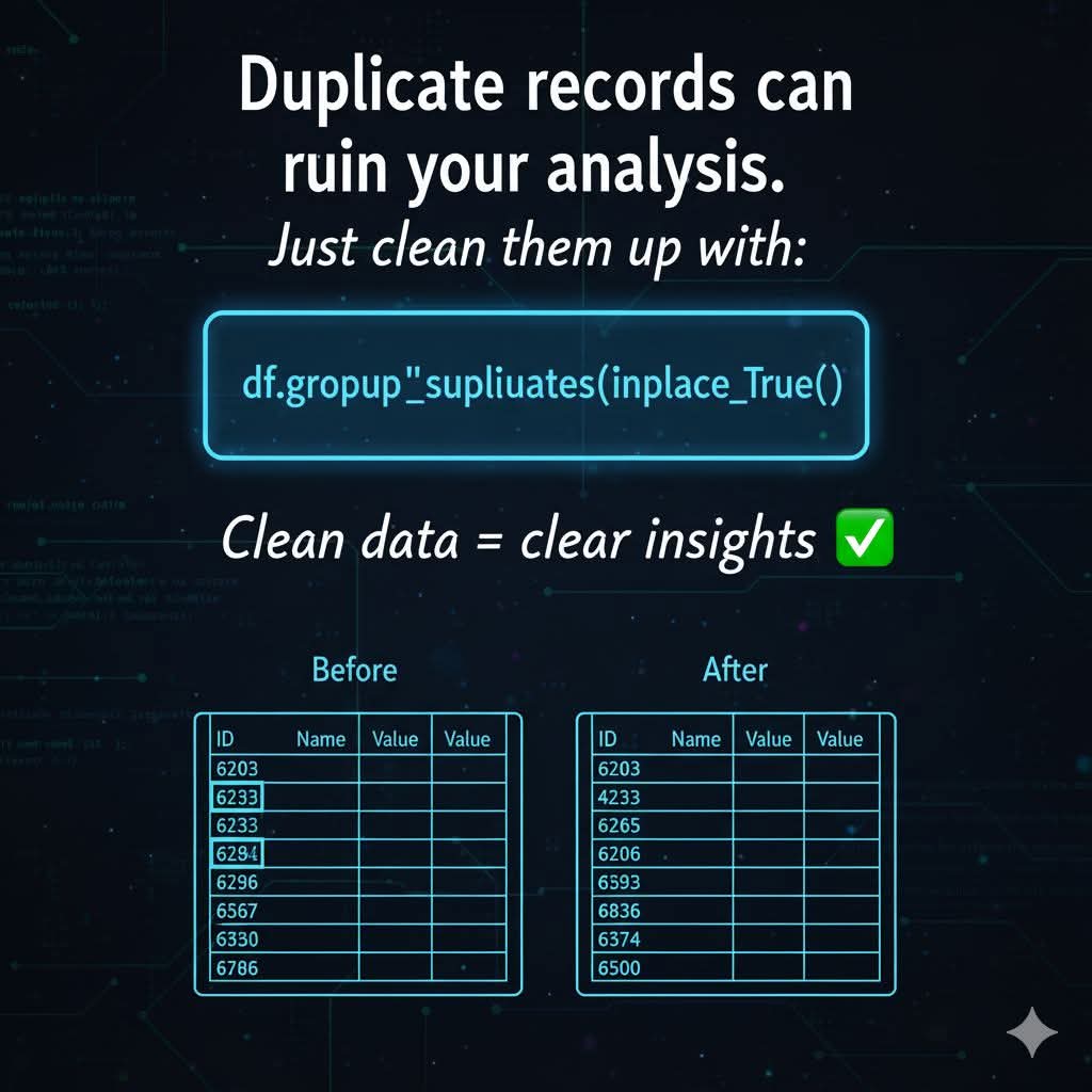 Abdul_Latif_206's tweet image. Duplicate records can ruin your analysis.
Just clean them up with:
df.drop_duplicates(inplace=True)
Clean data = clear insights ✅
.
#machinelearning
#datascience
#deeplearning
#Python
#dataanalysis
#DataDriven
#DataTransformation
#BusinessIntelligence
#businesssuccess