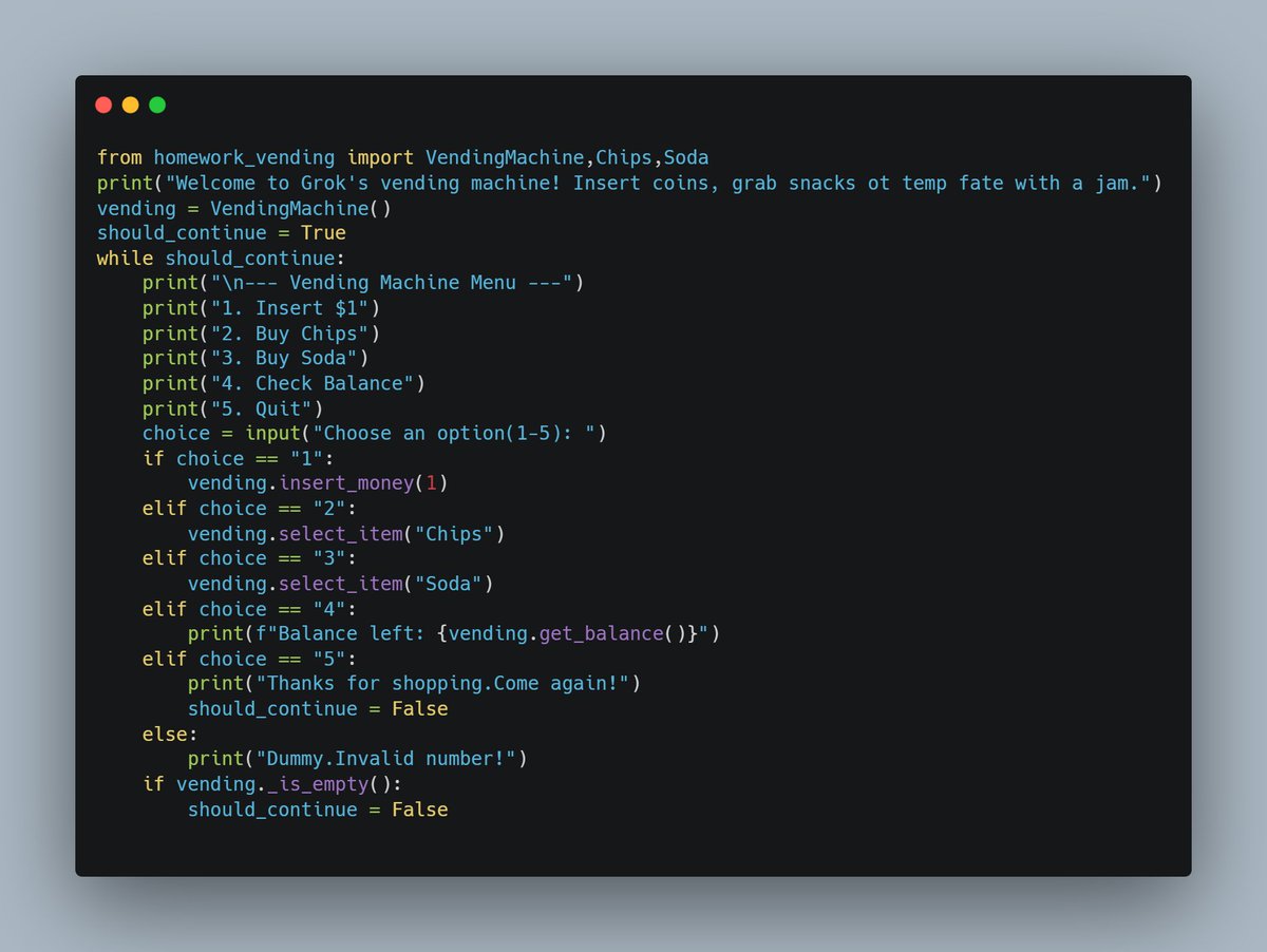FatemeSaeid's tweet image. Wrapped up the vending machine project with OOP—debugging was a real challenge, but worth it! 💻✨ #AfghanGirlsCode #Python #Programming #WomenInTech