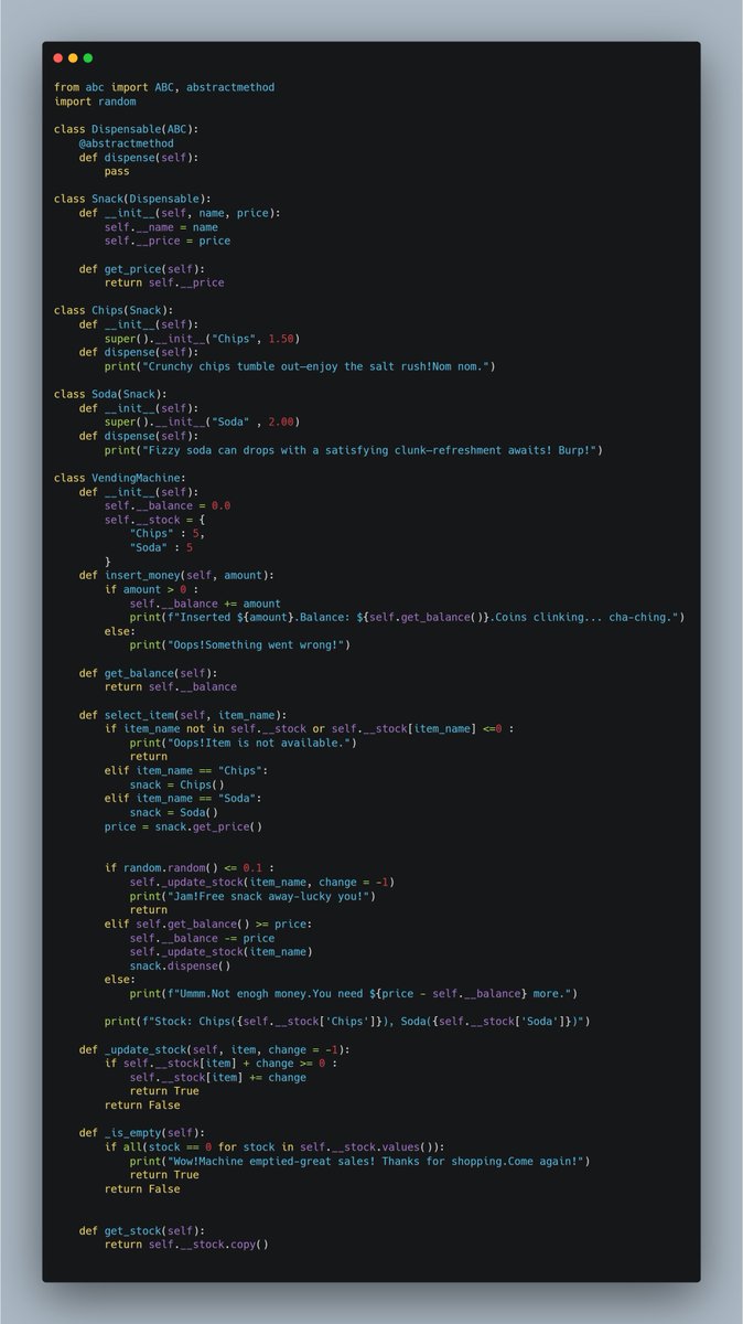 FatemeSaeid's tweet image. Wrapped up the vending machine project with OOP—debugging was a real challenge, but worth it! 💻✨ #AfghanGirlsCode #Python #Programming #WomenInTech