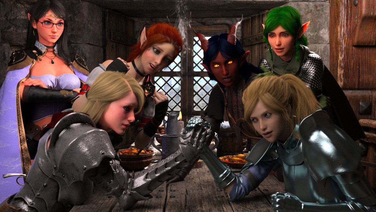 You all meet in a tavern. Hopefully Riya's bad luck and Redwen's... being Redwen don't spell disaster for said tavern...

Angela, Redwen and Eriawynn belong to <a href="/DoodlepoodleX/">Doodle Poodle XXX 🔞 COMMISSIONS CLOSED</a>