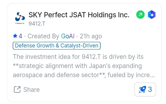 Investment Idea today:  

Sky Perfect JSAT captures significant growth from Japan's rapidly increasing defense and space exploration budgets, backed by its established market dominance and strategic investments in next-gen satellite tech. 

#nikkei #StockMarket