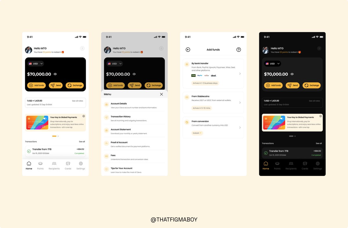 ThatFigmaBoy's tweet image. ✨Cleva Redesign
I redesigned key sections of the Cleva app — the Home screen, Add Funds, and More page — focusing on improving hierarchy, consistency, and visual clarity while maintaining the core experience that existing users already love.
#Clevaredesignchallenge