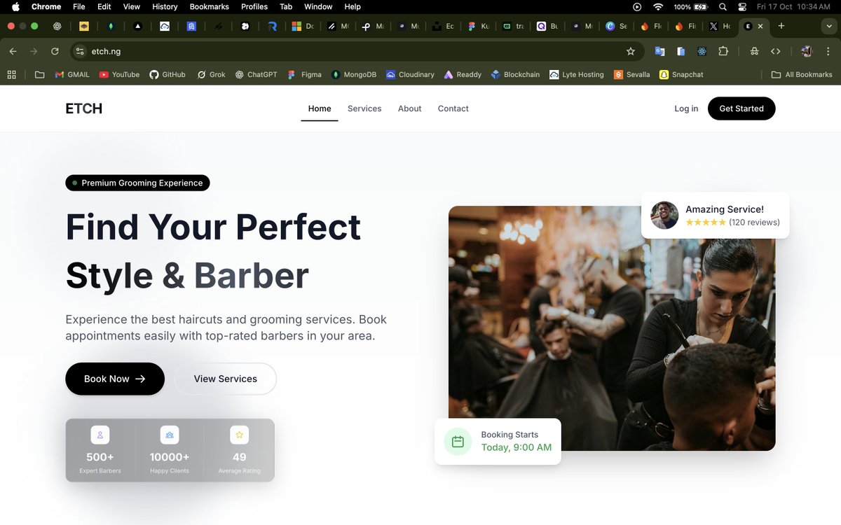 dev_muddy's tweet image. A clean, modern web app that lets users find and book barbers online with ease.
Built with React.js, Node.js, and MongoDB, focused on speed, UX, and smooth scheduling flow.
Check it out 👉 etch.ng

#WebDev  #MERN #Developer #TechNigeria #BarberApp #Startup