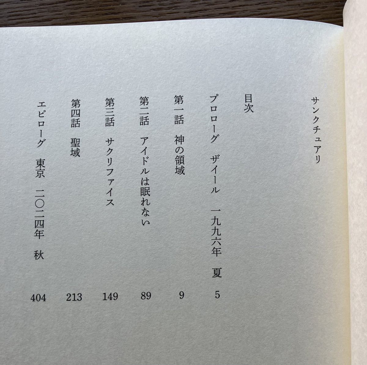 新作『サンクチュアリ』の見本が版元さんより届きました。ざらっとした手触りのカバーでいい感じです。
肝心の中身の方は一応、連作短編ミステリになるのですが、目次を見てもらうとわかるように、第4話が半分の分量を占めています……！