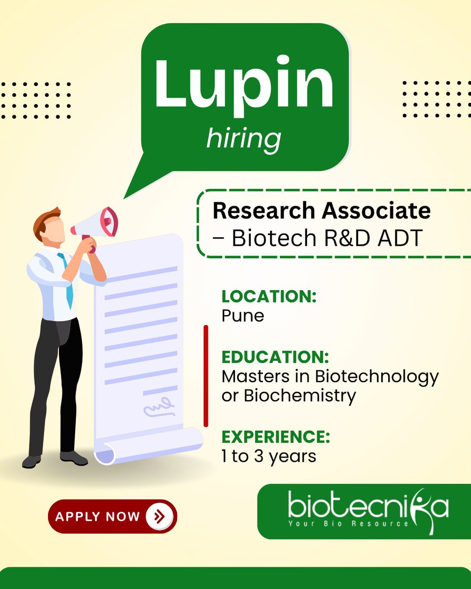 biotecnika's tweet image. 🔬 Research Associate Job @ Lupin!

Lupin is hiring MSc Biotechnology, Life Sciences, or Biochemistry candidates for the Research Associate position.

👉 Apply here: btnk.org/lupin-biotech-…

#Biotecnika #LifeScienceJobs #ResearchAssociate #BiotechJobs #MicrobiologyJobs #careers