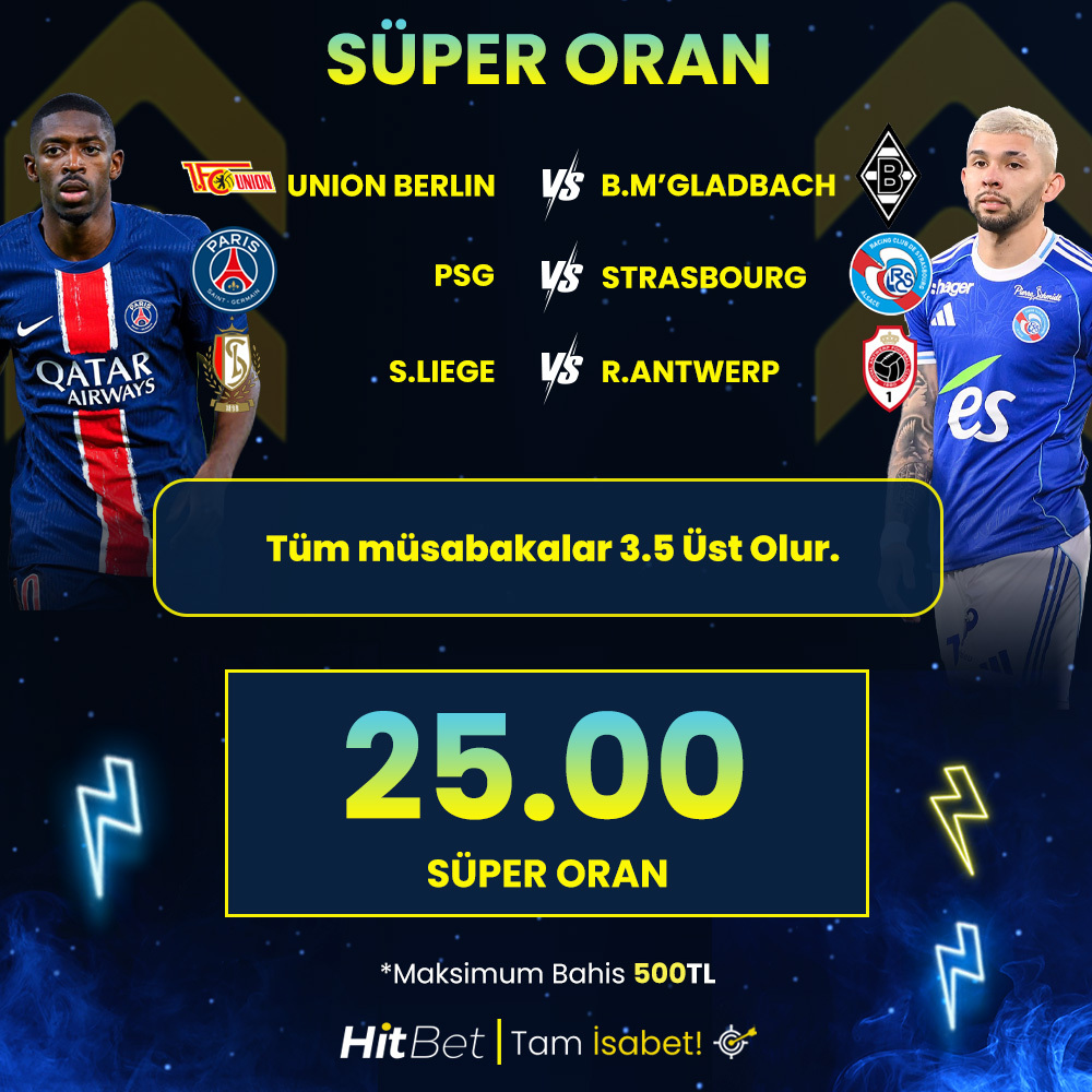 💛 HitBet'te Süper Oran Heyecanı!

💥 25.00 Süper Oran!

💸 Maksimum: 500 TL

Son 1 gün içerisinde 750₺ yatırım yapan üyeler yararlanabilir.

h.t2m.io/Super-Oranlar

HitBet | Tam İsabet! 🎯