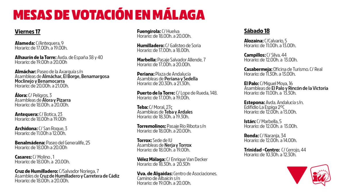 🗳  Hoy y mañana nuestra militancia participará, a lo largo y ancho de la provincia, en la votación presencial para la ratificación del compañero <a href="/Ernesto_Alba/">Ernesto Alba🔻</a> como candidato de IU a la presidencia de la Junta de Andalucía.

Seguimos con la hoja de ruta ✊

#PorAndalucía🌈