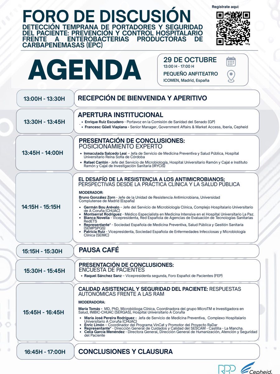 🗓️29 de octubre Foro de Discusión: Detección Temprana de Portadores y Seguridad del Paciente frente a EPC, organizado por la Iniciativa Multidisciplinar de Detección Temprana de Resistencias a los Antimicrobianos (IDTRA)

Inscribirte aquí: forms.gle/pzD4awX4iU8PGr…

#RAM #ForoIDTRA