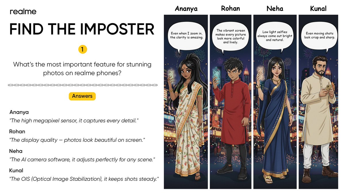 samiveenus's tweet photo. @realmecareIN Poster1:
Imposter: Rohan — “Display quality” doesn’t decide photo quality; it only makes it look better on screen, not a real camera factor.
#realmeDiwali #TriviaChallenge #FindTheImposter
@realmecareIN @realmeIndia @livinvarghese @SaifuKaringapp1 @kcahakeem https://t.co/lmc6MOTEcK