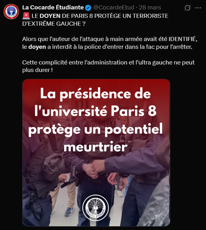 CocardeEtud's tweet photo. Entre islamisme et protection des agresseurs, les joies d’étudier à Saint-Denis. La Sorbonne fait rayonner l’enseignement supérieur français ! https://t.co/VJGvyDEhNq