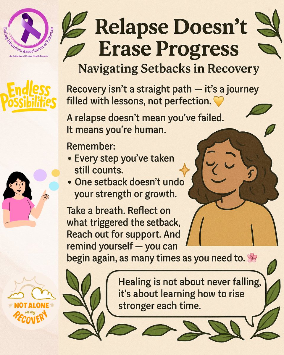 ED_Pakistan's tweet photo. Recovery isn’t a straight path — it’s a journey filled with lessons, not perfection. 💛A relapse doesn’t mean you’ve failed. It means you’re human. #edaop #eatingdisorders https://t.co/HjYDmvE9xu