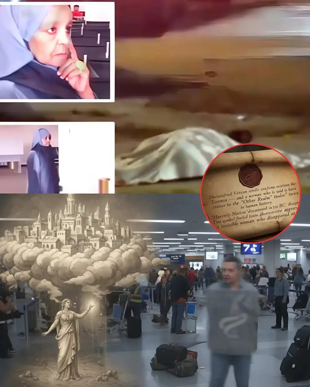 Elderly woman in black hijab and red-trimmed outfit sits pensively in office with filing cabinets behind her. Blurred close-up of woman in similar attire looking thoughtful. Woman in dark abaya stands in white room. White-shrouded figure lies on surface with circled pendant necklace nearby. Ancient scroll text mentions Vatican archives and Paradise Nation of Torenza vanishing in 218 BC. Heavenly scene with golden radiant woman in flowing gown arms outstretched amid clouds and ethereal castle structures. Man in gray hoodie stands in busy airport terminal near gate 74 with luggage carts and travelers in background.