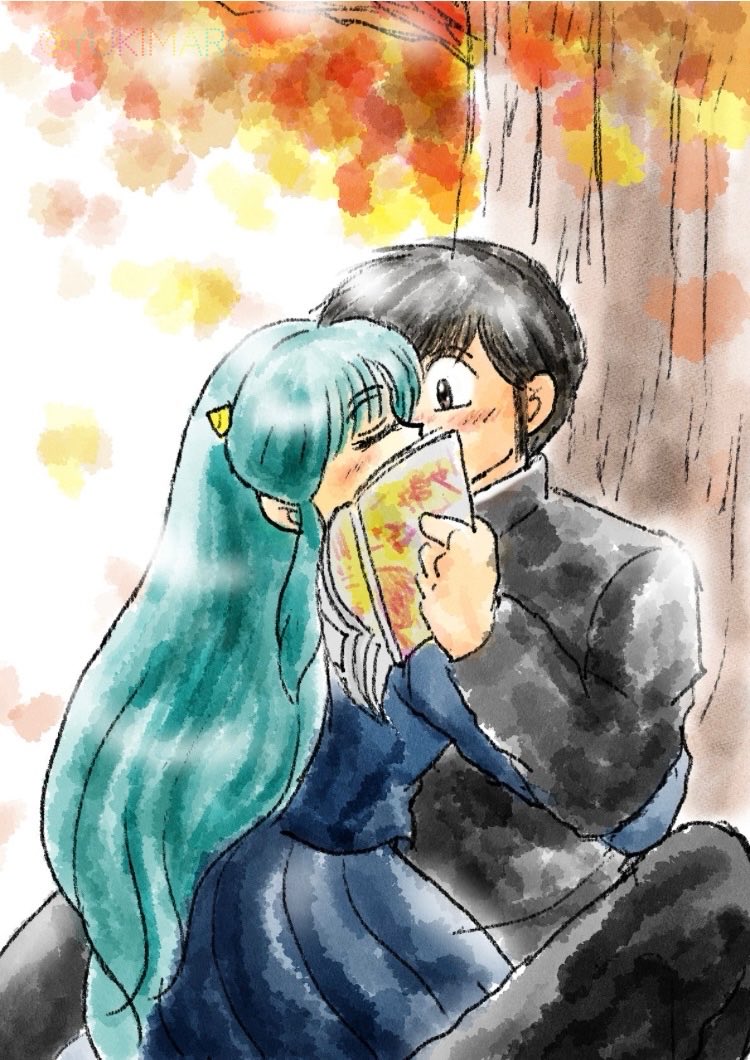 「ナイショな場所でナイショな2人😍💖💖勝手にシリーズ化🤭」(笑)…今回はなんちゃって水彩画😛主線はクレヨンです🤗 「ダーリン😠漫画ばっかり読んでないで、うちの相手するっちゃ😘💖」相手されちゃってます？#うる星やつら  #あたラム  ツリーに一連のシリーズを🥰
