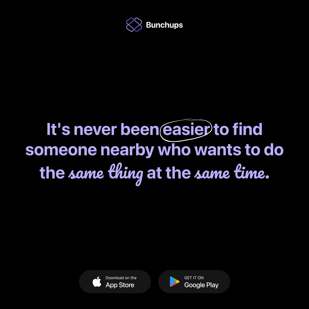 bunchups's tweet image. Ever had that “I wish someone were free to do this right now” moment? 👀
Now it’s easier than ever to find someone nearby who wants to do the same thing at the same time.

Download Bunchups now and start meeting people who love what you love.