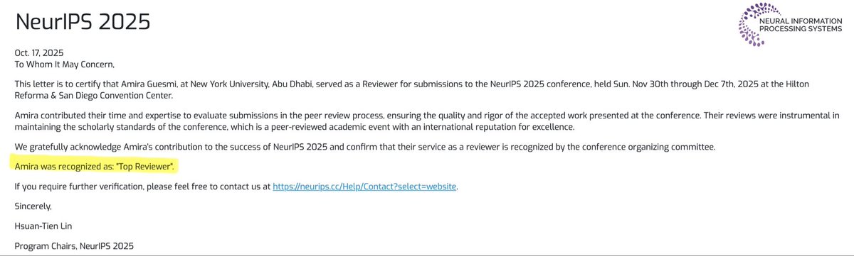 Happy to announce that I have been selected as a NeurIPS 2025 Top Reviewer 🎉 #neurips2025