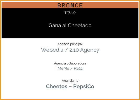 ¡Muy contentos con nuestro Bronce en los #Inspirational25 con la campaña 'Gana al Cheetado' desarrollada junto a <a href="/210Agency/">2.10 Agency</a> para <a href="/CheetosEsp/">Cheetos España</a> en la categoría Estrategia de Influencia! ¡Enhorabuena al equipo de <a href="/VizzAgency/">VIZZ</a>!

¿Todavía no conoces la campaña?👀 youtu.be/2Up5c0O_WUU