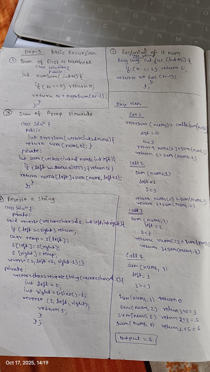 Stutimishra9451's tweet image. #TUFWinterArc Day 5 💻
Dived deep into recursion today — from printing names to computing Fibonacci numbers 🌀
@takeUforward_
Understanding the flow of recursive calls truly makes DSA magical! ✨

#Recursion #DSA #CodingChallenge #TUF #100DaysOfCode #StutiMishra