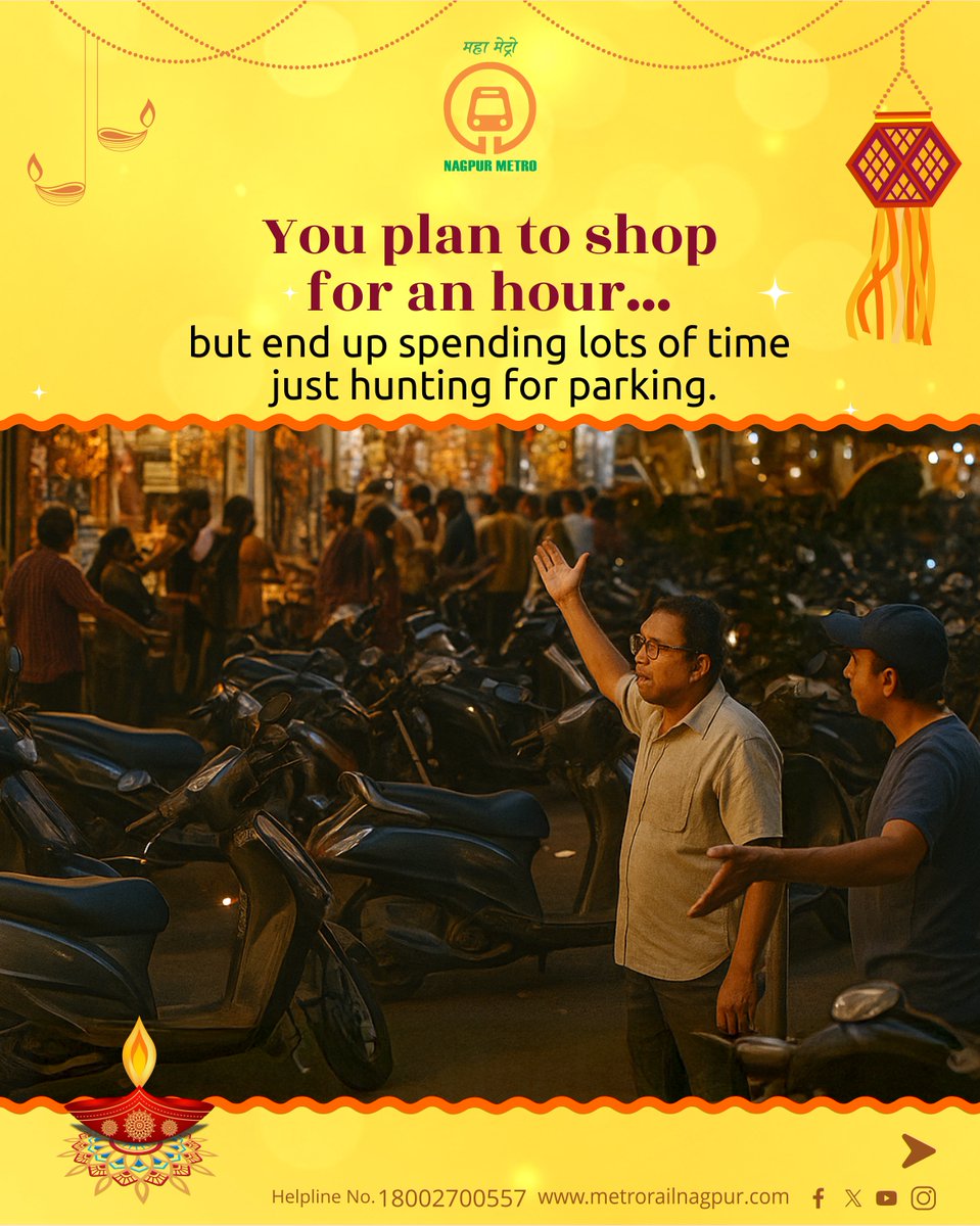 MetroRailNagpur's tweet photo. No traffic. No parking. No stress.
This Diwali, travel comfortably with Mazi Metro — Nagpur Metro !
Shop more, worry less, and celebrate happiness ! #HappyDiwali
#Diwali2025 #FestiveVibes #ShoppingTime #skiptrafficjam #RideTheMetro #NagpurMetro #MetroForAll #TravelSmart #TravelSafe #ChalaMaziMetroNe #HappyMetroRide