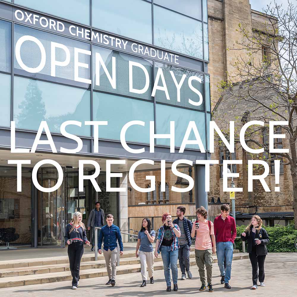 📢 Last chance to register for Oxford Chemistry Graduate Open Days!
Don’t miss your opportunity to explore postgraduate study at Oxford Chemistry.
Meet researchers | Tour labs | Learn how to apply
 📅Oct 20–23 | Online and in-person dates
 🔗 chem.ox.ac.uk/grad-open-days
