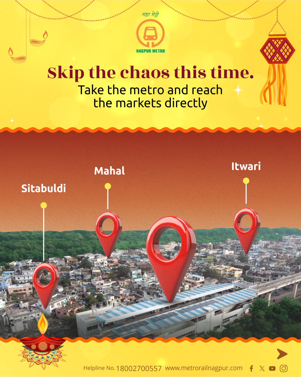 MetroRailNagpur's tweet photo. No traffic. No parking. No stress.
This Diwali, travel comfortably with Mazi Metro — Nagpur Metro !
Shop more, worry less, and celebrate happiness ! #HappyDiwali
#Diwali2025 #FestiveVibes #ShoppingTime #skiptrafficjam #RideTheMetro #NagpurMetro #MetroForAll #TravelSmart #TravelSafe #ChalaMaziMetroNe #HappyMetroRide