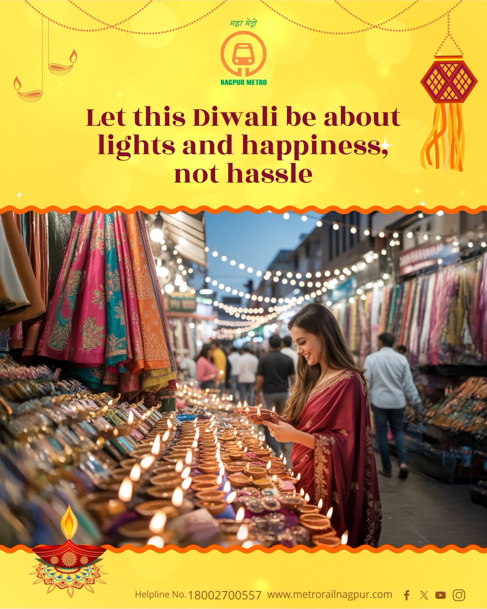 MetroRailNagpur's tweet photo. No traffic. No parking. No stress.
This Diwali, travel comfortably with Mazi Metro — Nagpur Metro !
Shop more, worry less, and celebrate happiness ! #HappyDiwali
#Diwali2025 #FestiveVibes #ShoppingTime #skiptrafficjam #RideTheMetro #NagpurMetro #MetroForAll #TravelSmart #TravelSafe #ChalaMaziMetroNe #HappyMetroRide