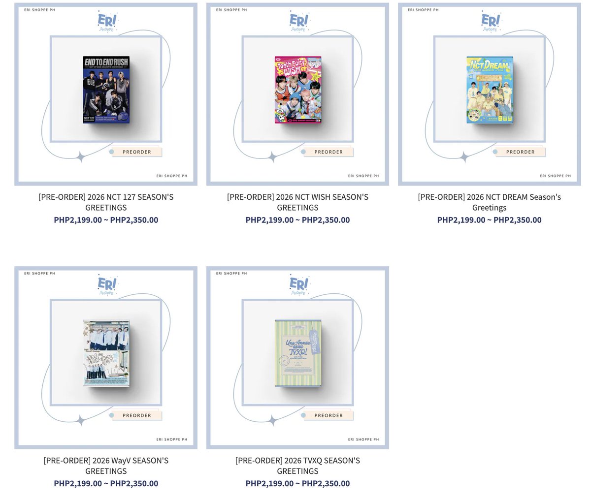 ERI_SHOPPE's tweet photo. PH GO | 2026 SM Artists SEASON'S GREETINGS ☆

⤿ Pre-order until October 25th, 10 PM
⤿ POB Benefit is limited | No changes allowed after previews are out since it's only 1 week of preorder
⤿ Ktown4u - ₱2,250 / AESPA & RIIZE - ₱5,149
⤿ Other site - ₱2,350 / AESPA & RIIZE - ₱5,899

✧ HOW TO ORDER?
⤿ Sign up, add the item to your cart and check out via the link below :)
⤿ Order Link: https://t.co/vtiA67RRG7
⤿ Girls' Generation | Super Junior | Red Velvet
⤿ NCT 127 | NCT Dream | NCT Wish | WayV
⤿ AESPA | RIIZE | Hearts2Hearts

✧ DEADLINES
⤿ NO DOWNPAYMENT = will not secure
⤿ AESPA | RIIZE - min. nrdp of ₱2,500 / item (~ until 10/25, 11:59 PM); balance - 11/15
⤿ other groups: min. nrdp of ₱1,000 / item (~ until 10/25, 11:59 PM); balance - 11/15
⤿ store freebies ☆
⤿ normal eta

wts lfb ph