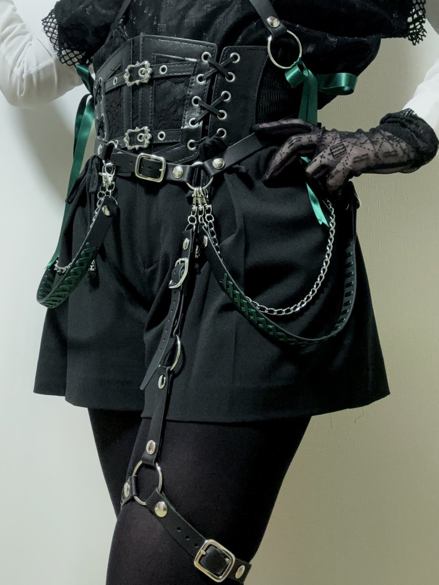 Otori.さんのハーネス、こちらは心臓ハーネスベルト×妄毒ハーネスベルト💚
首と肋骨にくるところにリボンがあってとにかく可愛い✨

#可愛いと毒と