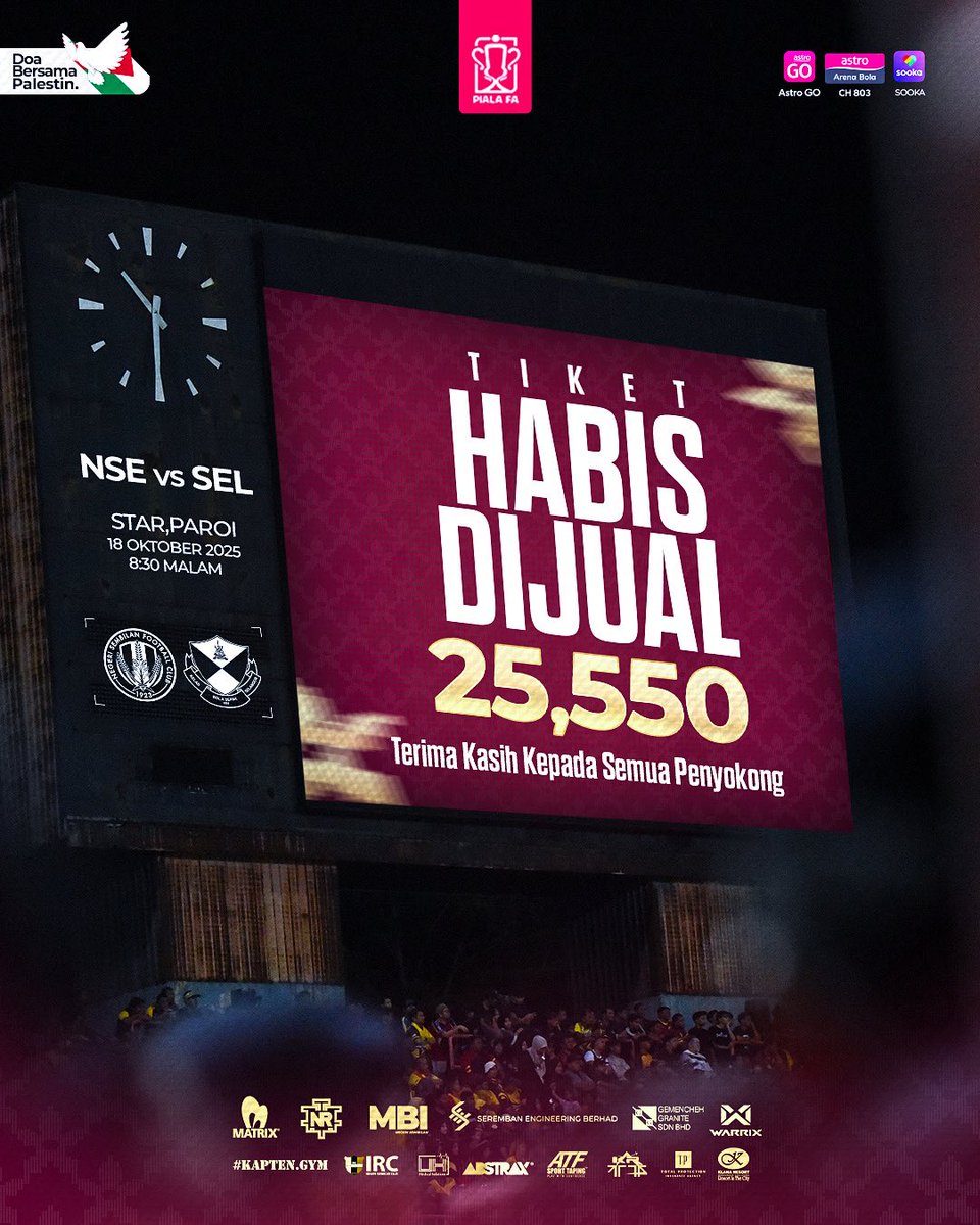 SOLD OUT!✅

Setiap tempat duduk di Paroi sudah berpenghuni esok, bukti semangat luar biasa #SekalianYangSetia!

Sejarah tercipta buat kali pertama, TIADA PENJUALAN TIKET PADA HARI PERLAWANAN! Terima kasih, waghih!