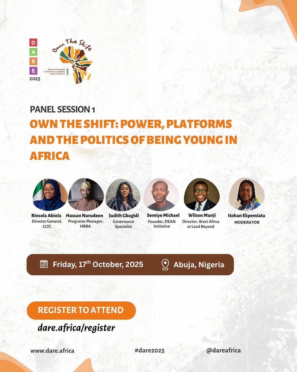 At the DARE Conference 2025, we will be hosting a panel session themed: Own The Shift: Power, Platforms and the Politics of being Young in Africa.

On the panel, we have :
- @rinsolaabiola
- <a href="/thehassanian/">Hassan</a> 
-<a href="/smartjudyt/">Judith Gbagidi</a> 
- <a href="/semiyemichael/">Semiye Michael</a> 
- <a href="/wilsonmanji/">Wilson Manji</a> 
#DARE2025 #OwntheShift