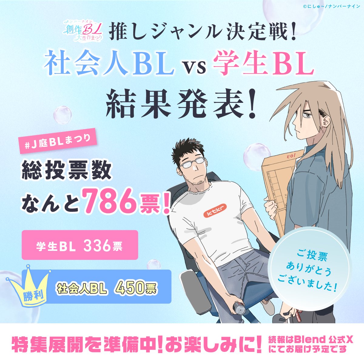 ┏━━━━━━━━━━━┓   
 　　    🏁結果発表🏁
　　社会人𝐵𝐿 VS 学生𝐵𝐿
┗━━━━━━━━━━━┛
J庭58会場にて
たくさんのご参加ありがとうございました！🙌✨

最終結果は……
🎉 社会人𝐵𝐿の勝利！ 🎉

社会人𝐵𝐿推しの皆さまおめでとうございます👏