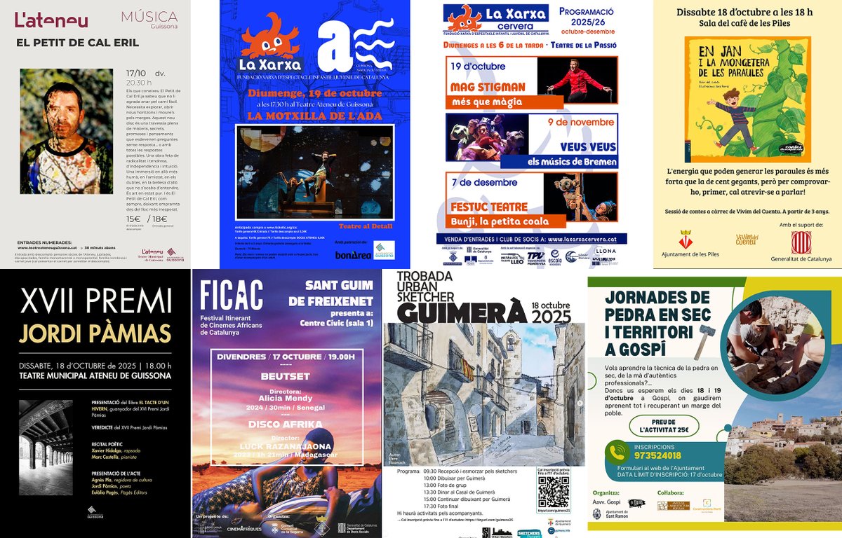 SomSegarra's tweet photo. Sense plans per al cap de setmana?
#segamots #festes #concerts #teatre #premi #pedraseca #visites i #expos , viu la #tardorsegarra!
@lasegarra @Turisme_Segarra @paeriacervera @TurismeGuissona @CConcabella @museudecervera
@valldellobregos @Espitllera
ℹ️ https://t.co/8ZHEiD1Ad2 https://t.co/GDAaJ78VKg