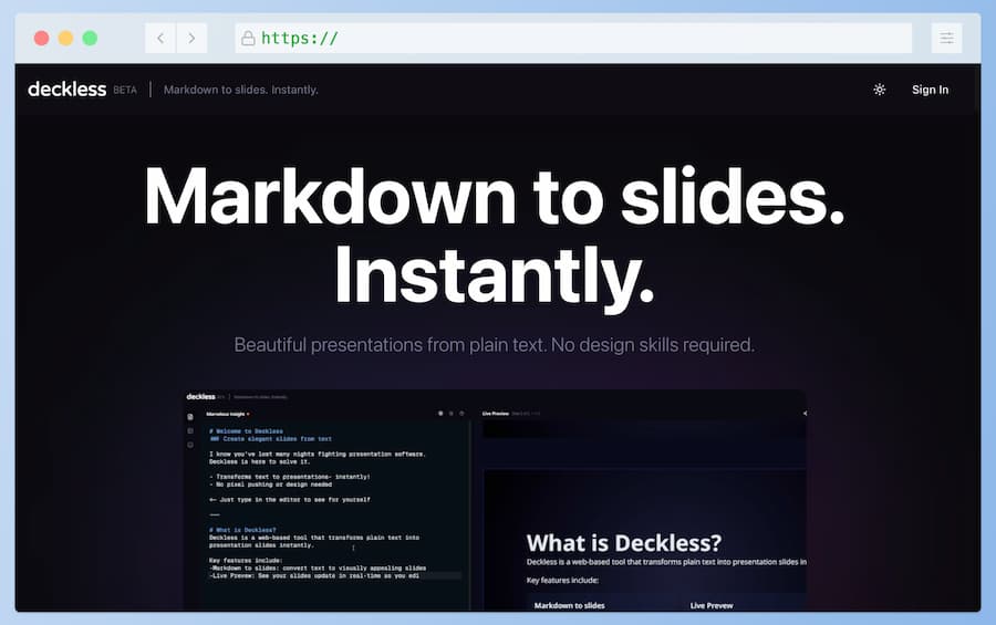 softapps's tweet image. ✨ Deckless: olvídate del diseño y crea #presentaciones al instante. 

Solo escribe en #Markdown para crear las diapositivas y comparte tu presentación usando un enlace. 

¡Gratis y sin complicaciones! 🆓

➡️softandapps.info/2025/10/17/dec…