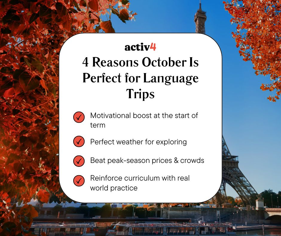Planning next year’s language trip? 🗣️
October half term offers the ideal window — affordable travel, cultural depth &amp; real-life practice for your students.
Discover why in our latest blog👉 activ4.com/october-half-t…

#Languages #SchoolTrips #BeyondTheClassroom