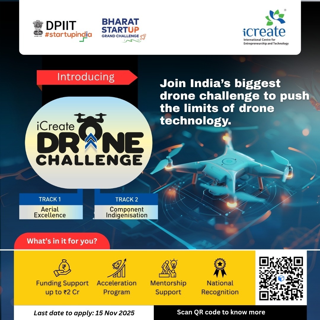 startupindia's tweet image. 💡Funding Meets Acceleration! 

The iCreate Drone Challenge 2025, in partnership with Startup India, DPIIT, is your runway to scale.

Pitch for a funding pool of up to ₹2 Crore and unlock paid pilot opportunities with industry and government partners.

As part of India’s leading…