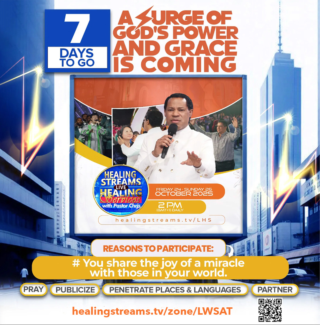 lwsat's tweet photo. 🔥✨ 7 DAYS TO GO! ✨🔥 Get ready for a SURGE of God’s power and grace at the Healing Streams Live Healing Services with Pastor Chris! 🙌💫  🗓 Fri 24 – Sun 26 October 2025 🕑 2 PM (GMT+1) Daily 📍Register on https://t.co/RrftrITKFb   #HealingStreamsWithPastorChris #7DaysToGo https://t.co/OstmD0YmSb