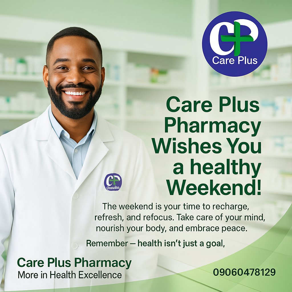 Multi_Dex's tweet image. 🌿 Care Plus Pharmacy Wishes You a Healthy Weekend! 🌿
The weekend is your time to recharge, refresh, and refocus.
Take care of your mind, nourish your body, and embrace peace.
Remember, health isn’t just a goal, it’s a lifestyle 💚
Care Plus Pharmacy  More in Health Excellence.