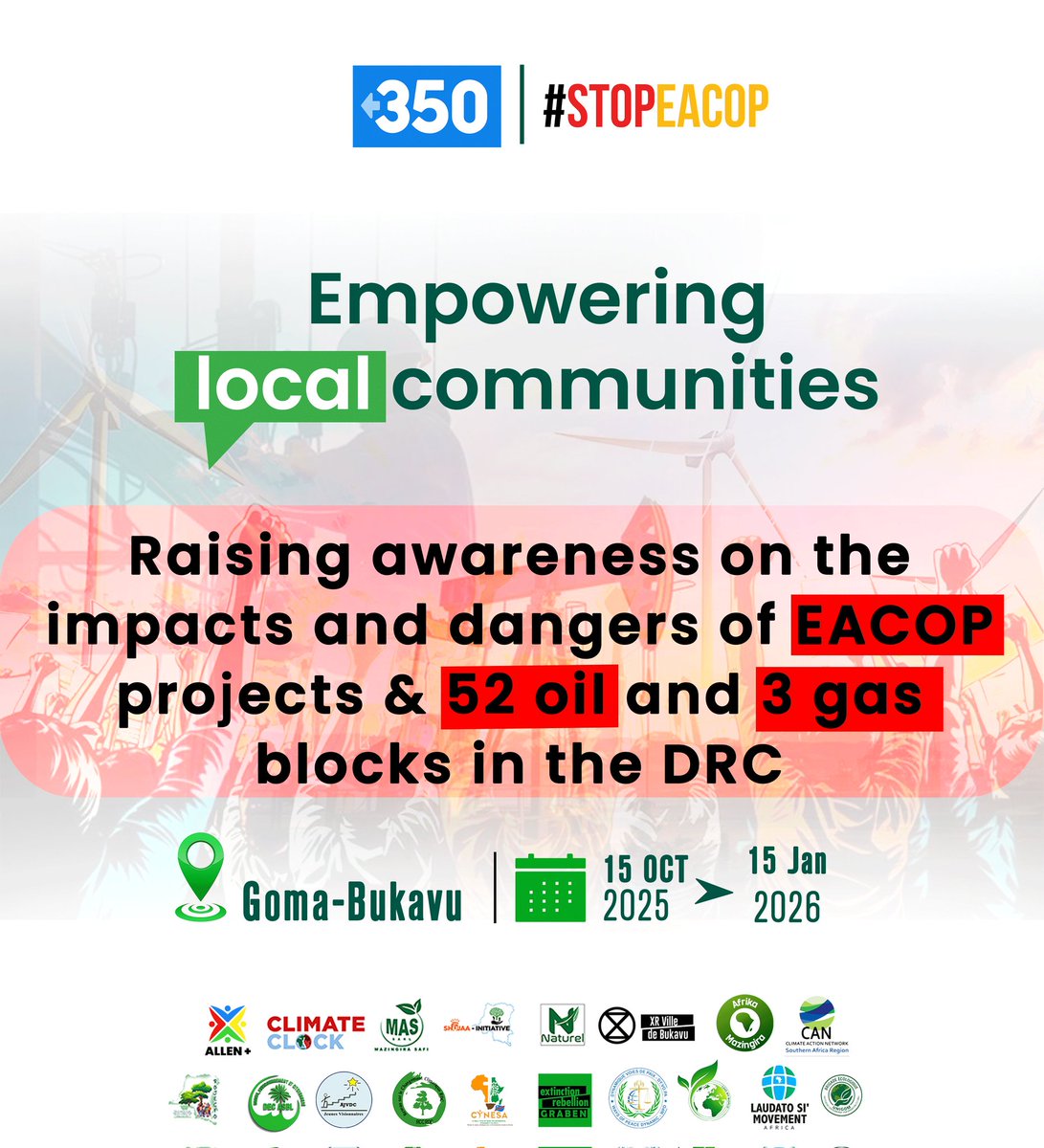 Les projets #EACOP et les 52 blocs pétroliers et 3 gaziers en RDC menacent notre climat.
🗓️ Du 15 octobre 2025 au 15 janvier 2026, de Goma à Bukavu, la campagne #StopEACOP sensibilise sur les impacts de ces projets et appelle à une transition énergétique juste pour la RDC.✊🏽