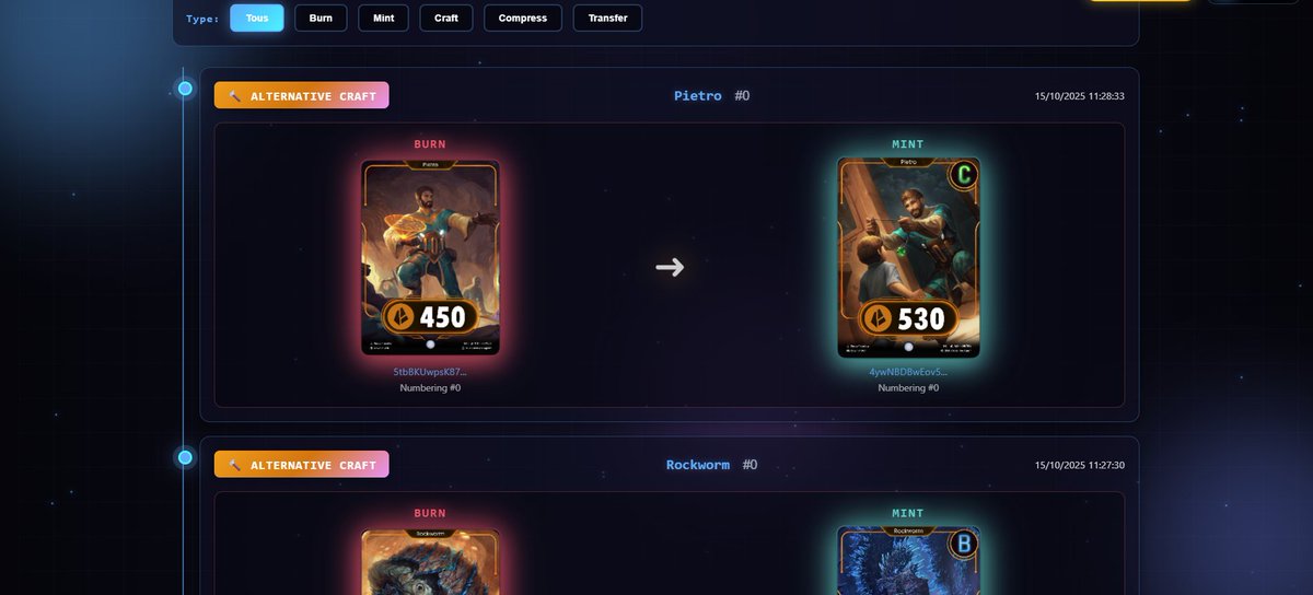 Vinshy_1337's tweet photo. @heliuslabs fait un travail formidable sur @solana 🔥
Mais la partie visuelle des #NFT est encore à peaufiner.

C’est pourquoi j’ai construit un explorateur 100 % @CrossTheAges 🎉

Il vous permettra de voir vos cartes burn et mint, mais aussi vos crafts alternatives et vos combos, avec leur numbering. Et plus encore ! 🔥

Elle n’est pas belle la vie pour les fans de $cta ? ❤️
https://t.co/tegnVWG5GD