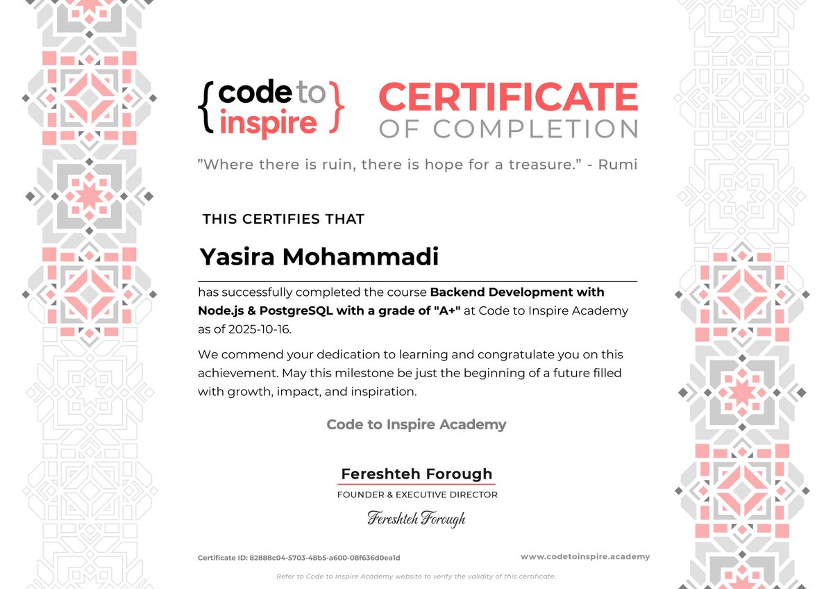yasiramohammadi's tweet image. Nine months of persistence, passion, and patience — and today, the dream has become reality.
I owe heartfelt thanks to my amazing teachers and mentors whose support turned this dream into an achievement.
@CodeToInspire
@E_Ehrari
@f_forough