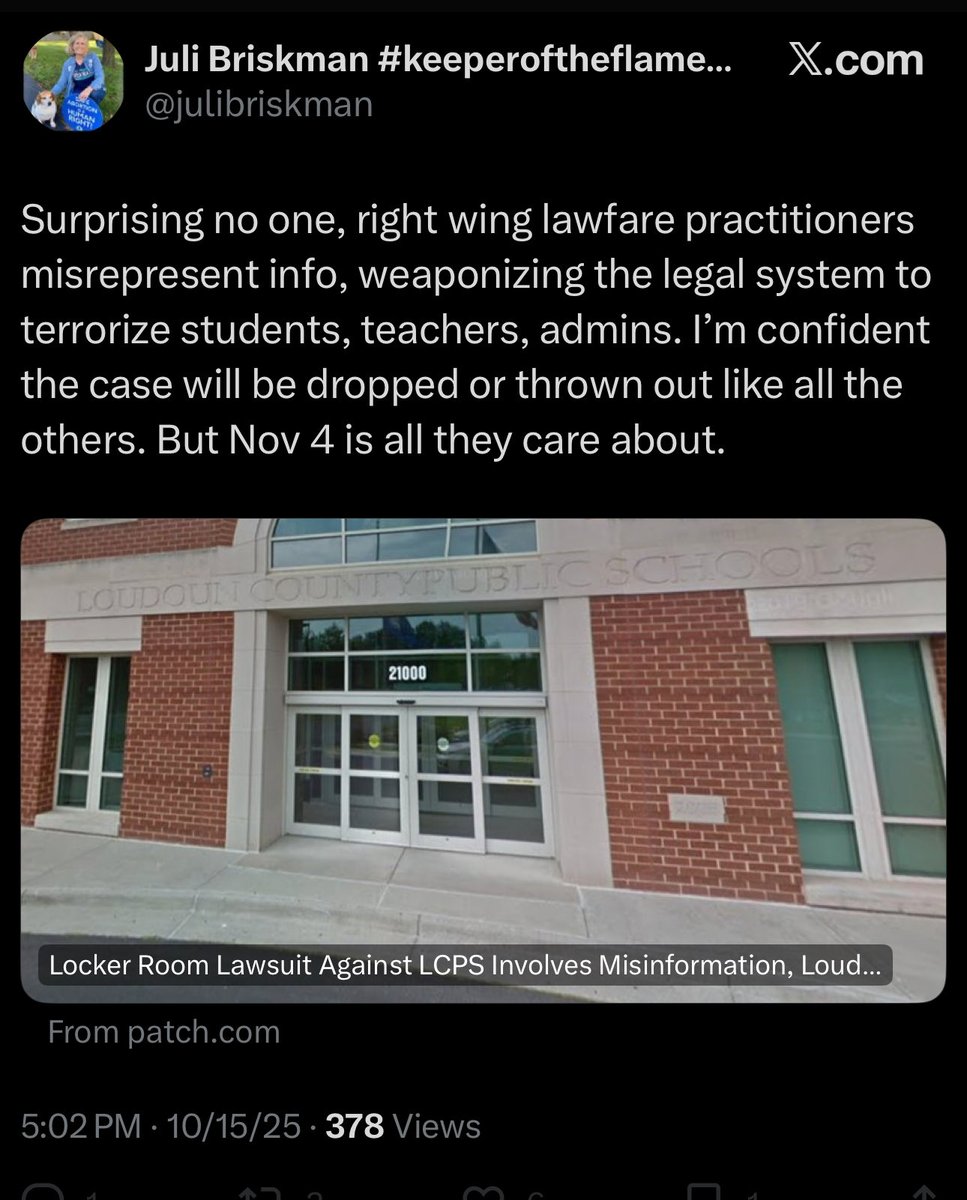 Brad Bucher (@countbracula) on Twitter photo Local “legal expert” and my county supervisor <a href="/julibriskman/">Juli Briskman #keeperoftheflame 🇺🇦</a> is vocal against two boys suing school district over a girl *filming* in a boys bathroom.
She was the only county supervisor who didn’t support releasing a county report on a rape in the schools a couple years ago. Local “legal expert” and my county supervisor <a href="/julibriskman/">Juli Briskman #keeperoftheflame 🇺🇦</a> is vocal against two boys suing school district over a girl *filming* in a boys bathroom.
She was the only county supervisor who didn’t support releasing a county report on a rape in the schools a couple years ago.