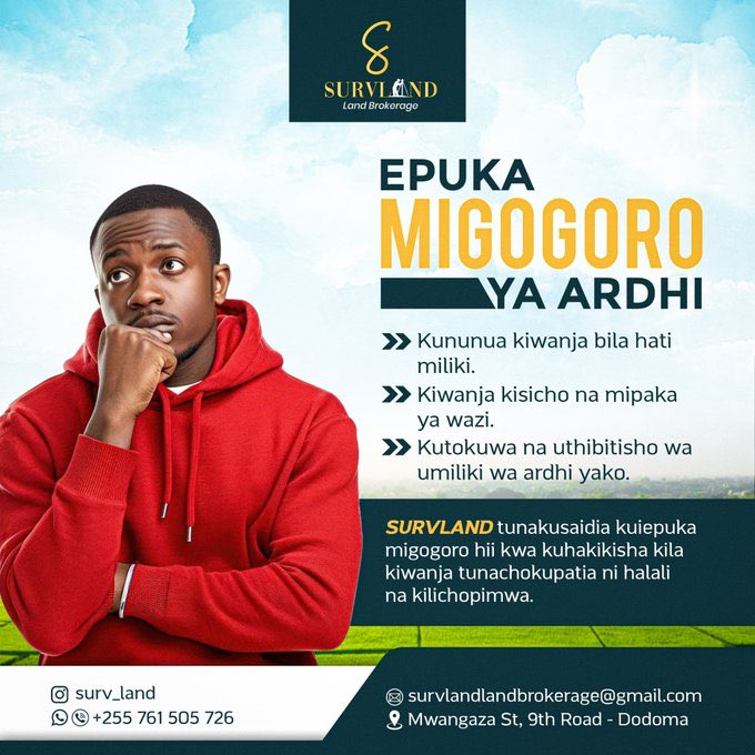 Unatafuta ardhi bora, salama na halali?
Karibu Survland Land Brokerage 
Tunakuwezesha kununua, kuuza, kupima na kupata ushauri sahihi wa uwekezaji wa ardhi kwa uhalali na usalama 💼
📍Dodoma | 
☎️ +255 761 505 726 | 
IG: @surv_land 
<a href="/Magero255/">SURVEYOR ANDERSON</a>