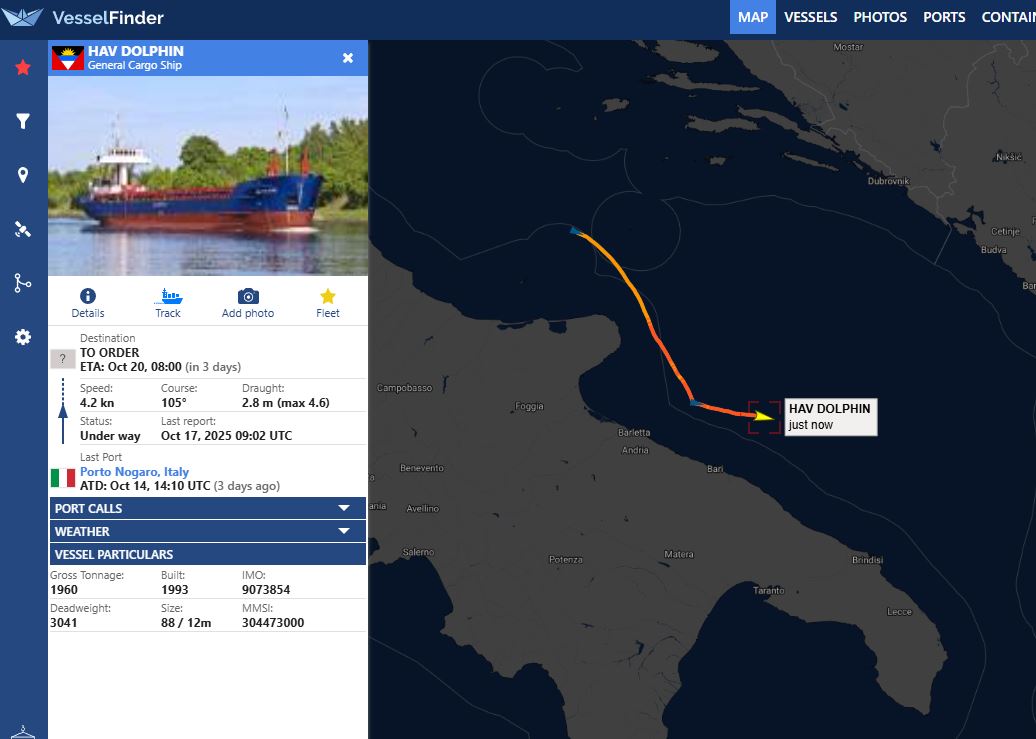 RFNOSBlog's tweet image. At 02:09 UTC on October 17, HAV DOLPHIN (IMO 9073854) was about 18 nm off the Italian coast in the Adriatic Sea, moving at 4 knots. The 32-year-old cargo ship, flagged Antigua & Barbuda, is sailing close to shore likely due to weather. Its slow speed and coastal route warrant…