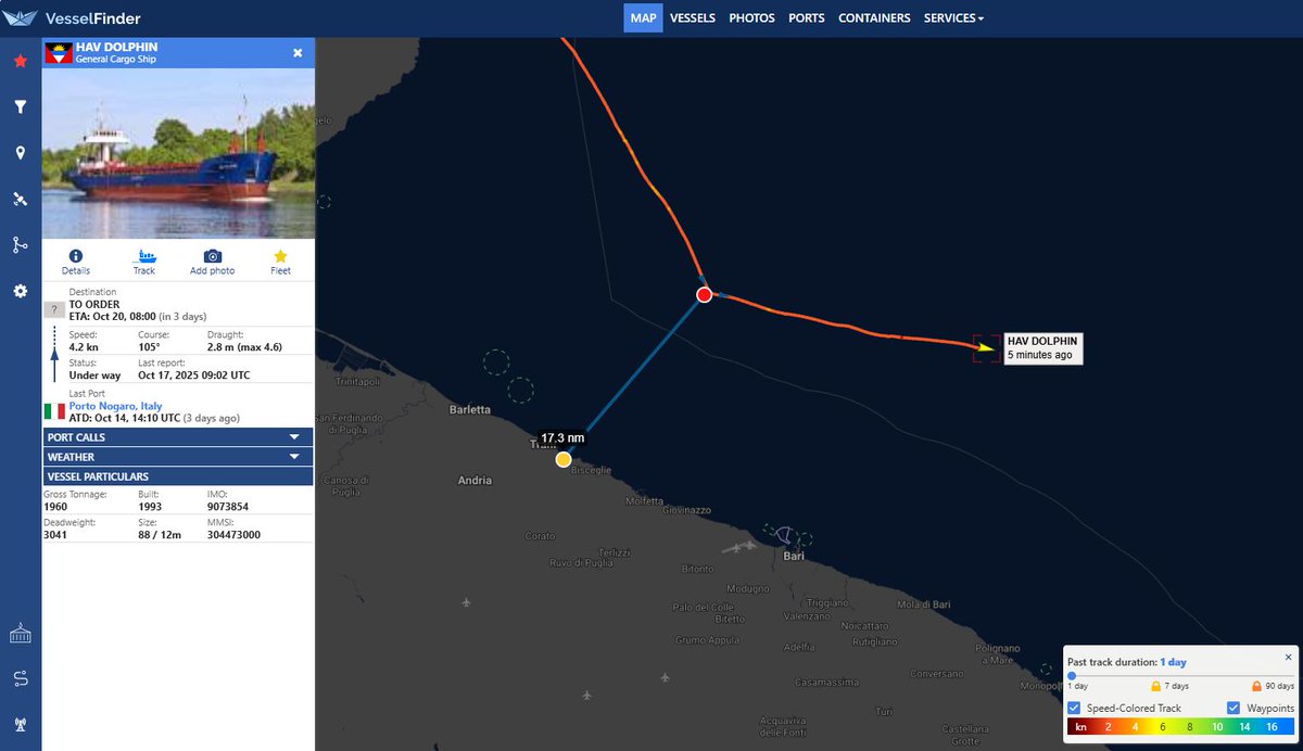 RFNOSBlog's tweet image. At 02:09 UTC on October 17, HAV DOLPHIN (IMO 9073854) was about 18 nm off the Italian coast in the Adriatic Sea, moving at 4 knots. The 32-year-old cargo ship, flagged Antigua & Barbuda, is sailing close to shore likely due to weather. Its slow speed and coastal route warrant…