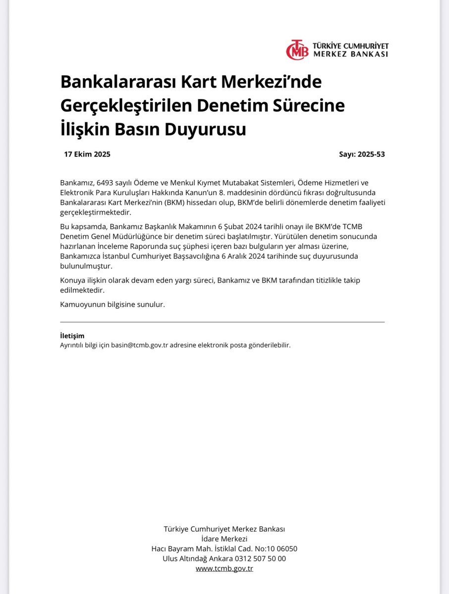 Türkiye Cumhuriyeti Merkez Bankası’nın ana hissedarı olduğu Bankalararası Kart Merkezi’nde (BKM), TCMB Denetim Genel Müdürlüğü tarafından yapılan denetim sonrası savcılığa suç duyurusunda bulunuldu.

Savcılık, bilirkişi raporları doğrultusunda “ihaleye fesat karıştırma,