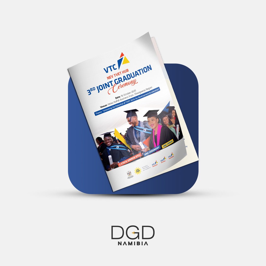 DGD_Namibia's tweet photo. We had the pleasure of designing and supplying graduation booklets for the NEV TVET HUB VTCs; Nakayale, Valombola and Eenhana for their joint graduation ceremony held at the Helao Nafidi Business Expo on 16 October 2025.
.
Designed by @dinholazo 
dgdnamibia@gmail.com 0812145040 https://t.co/4XcYmIPDBw