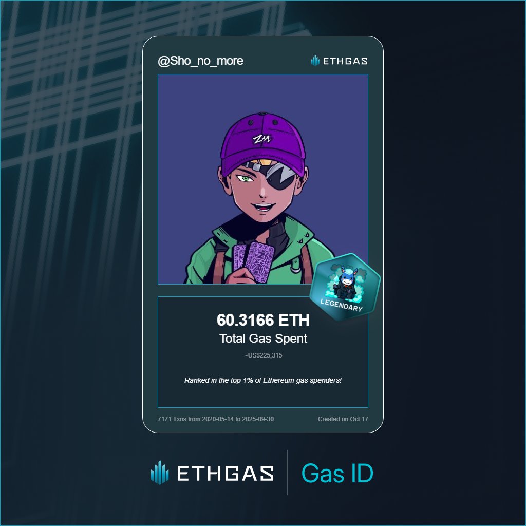 Just unlocked my Gas ID via ETHGas 🪪

I'm a Legendary Jack with 60.3166 ETH spent on gas since Beacon Chain - now fueling my climb to the Gasless Future and earned 4000 Beans already. 

Reveal yours at ethgas.com/community/gas-…