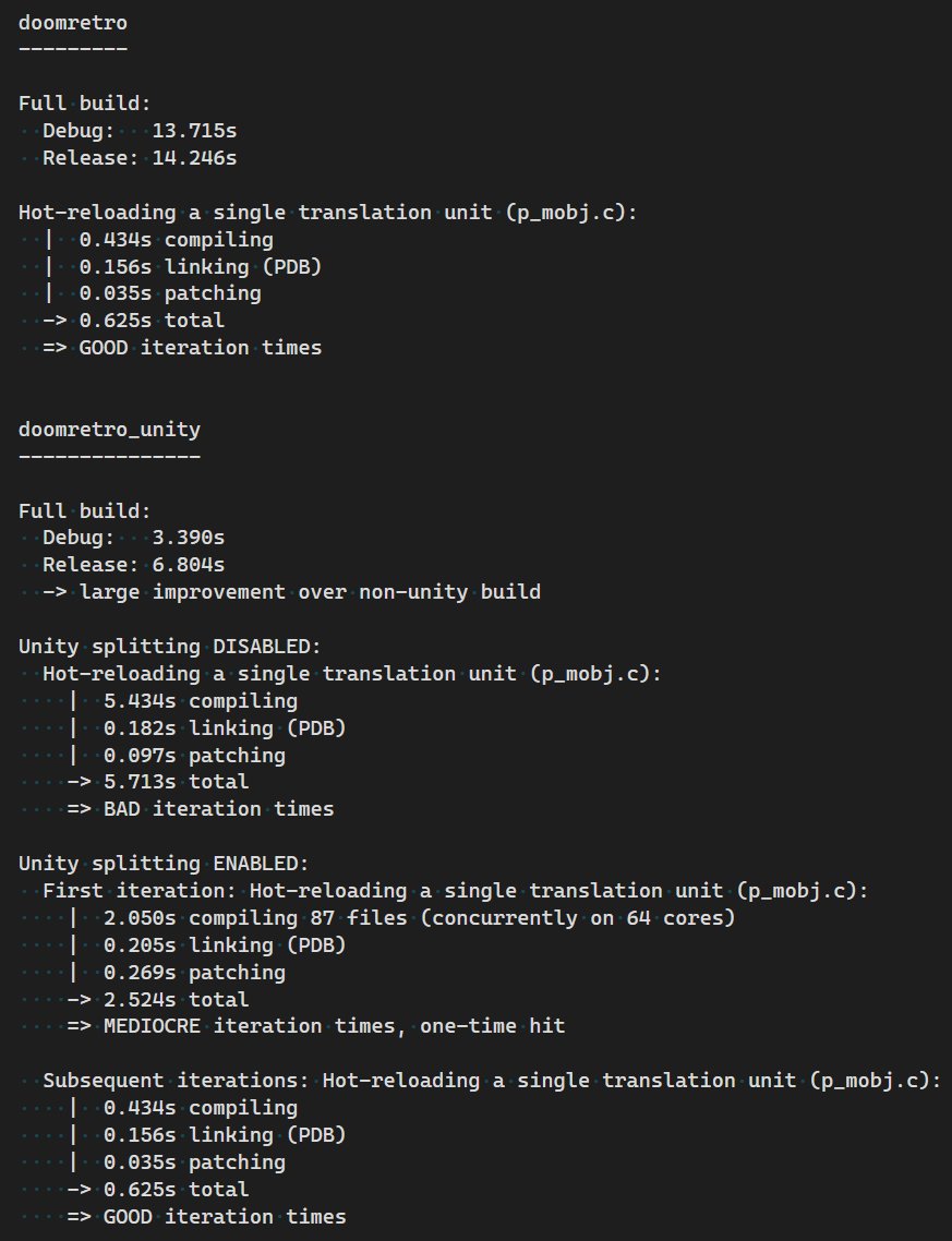 liveplusplus's tweet image. Some build statistics from our "Live++ meets DOOM" experiment to show off the benefits of unity splitting in Live++.