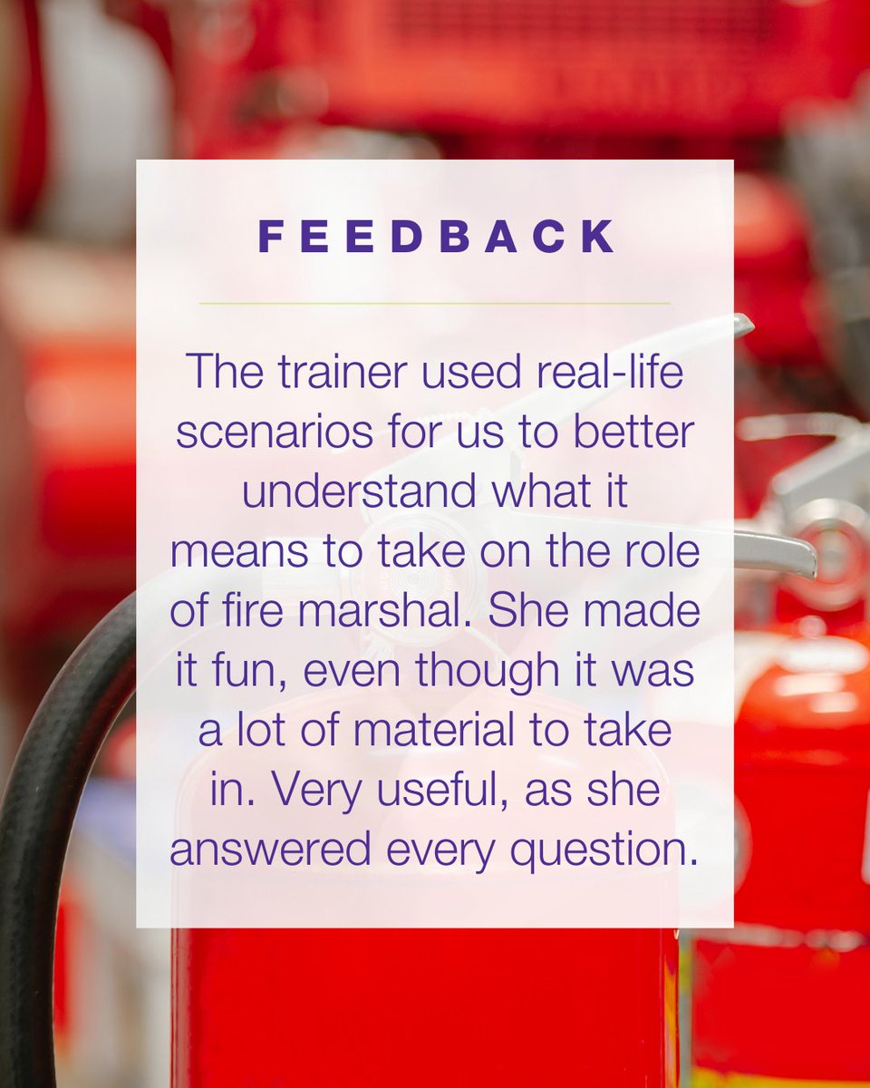 FRTLtd's tweet image. Feedback Friday ⭐ ⭐ ⭐ ⭐ ⭐

Great feedback for trainer Cheryl&apos;s delivery of the Level 3 Award in the Role of a Fire Marshal inc Extinguisher 🧯🔥

#firemarshaltraining #firesafetycourse #fireextinguishertraining #firstresponsetraining