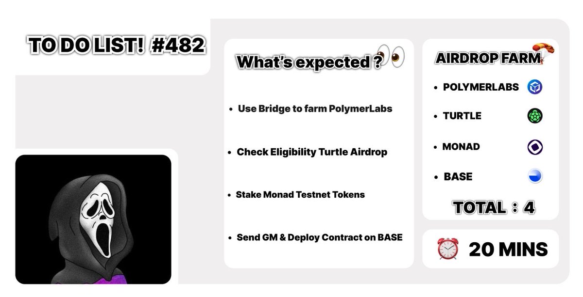 🪂 𝗔𝗜𝗥𝗗𝗥𝗢𝗣 𝗧𝗢 𝗗𝗢 𝗟𝗜𝗦𝗧! #482

→ Use Bridge to Farm Polymer ($26M raised)
🔗 watchoor.zeroway.io

→ Check Eligibility Turtle Airdrop
🔗 claims.turtle.xyz

→ Stake Monad Testnet Tokens
🔗 gmonads.com/staking

→ Send GM &amp; Deploy Contract on Base
🔗