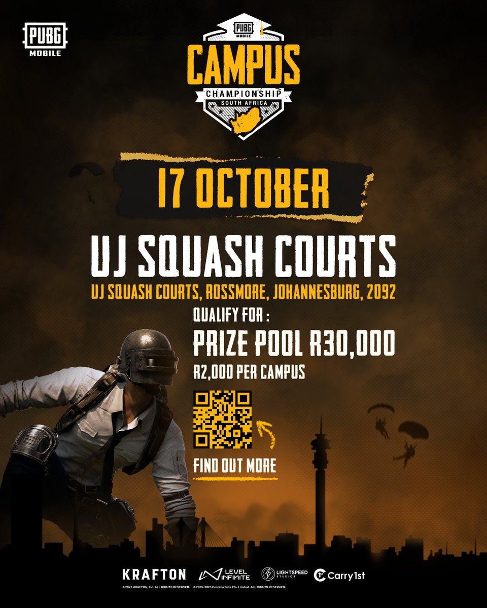 University of Johannesburg, you're up!🏆

Step up and show your skills in the PUBG MOBILE Campus  Championship hitting your campus TODAY! 🪂

🎮Sign up acgl.gg/pubgmccza

#PMCCZA #PUBGMOBILE